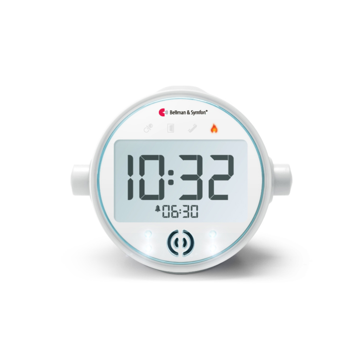 円形の白いアラームクロック受信器。液晶画面に時刻「10:32」とアラーム時刻「6:30」が表示されている。