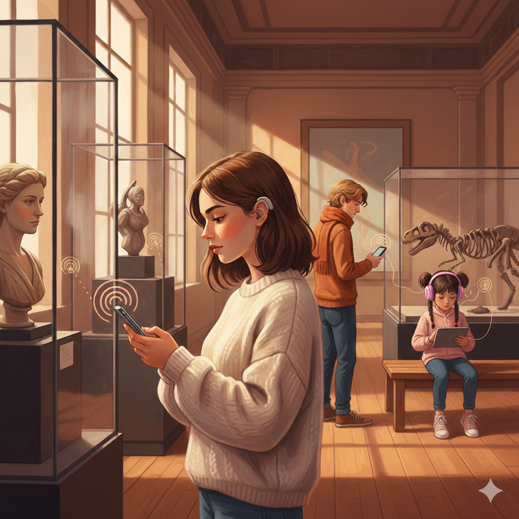 展示品の前で音声ガイドを聴いている来場者のイメージ画像